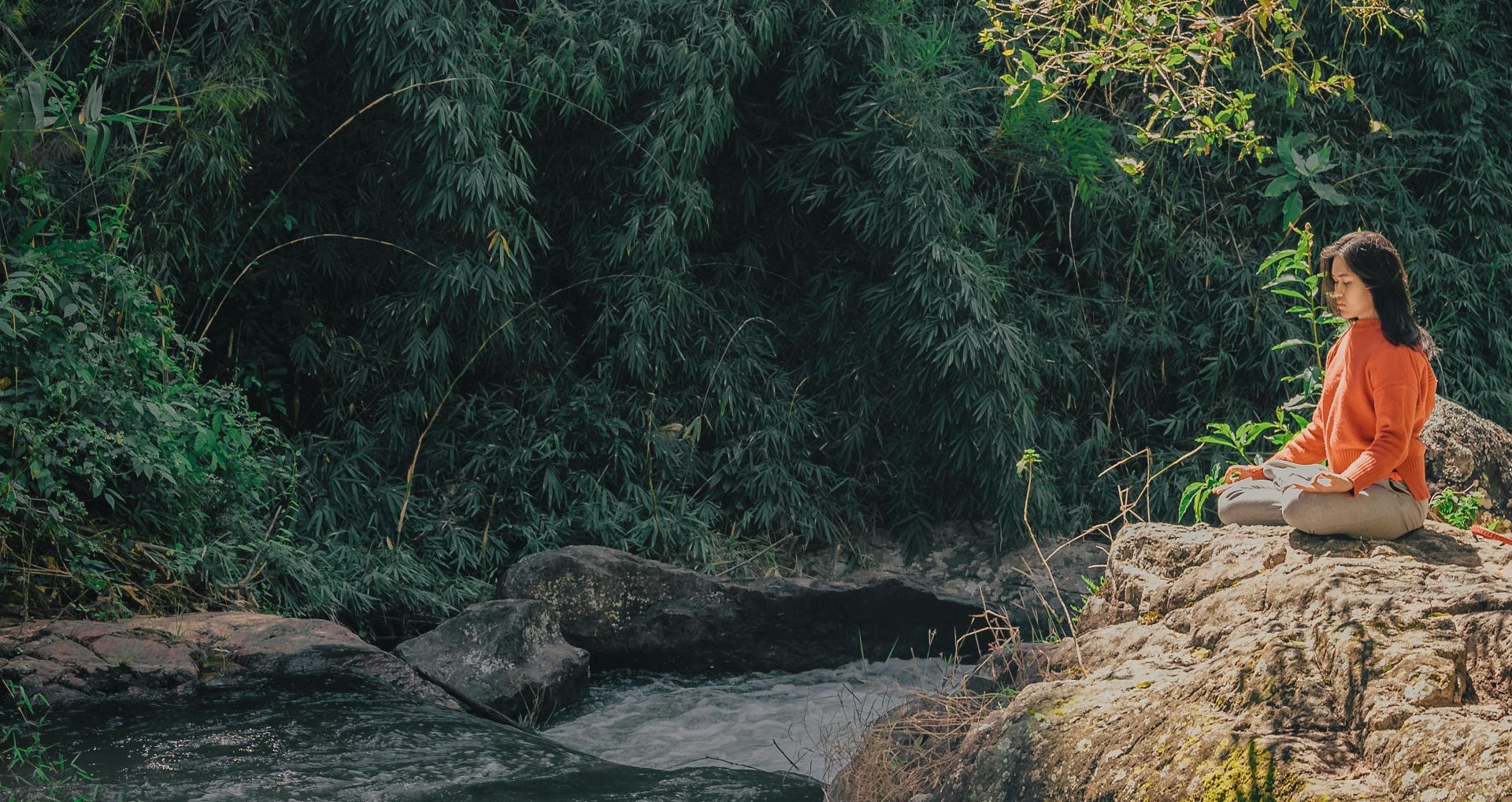 Woman meditating by a serene riverside surrounded by lush greenery on a sunny day.