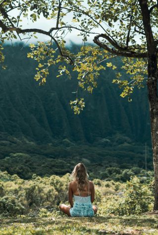 A woman sits in meditation under a tree, overlooking a tranquil mountain valley, embracing nature's calm.